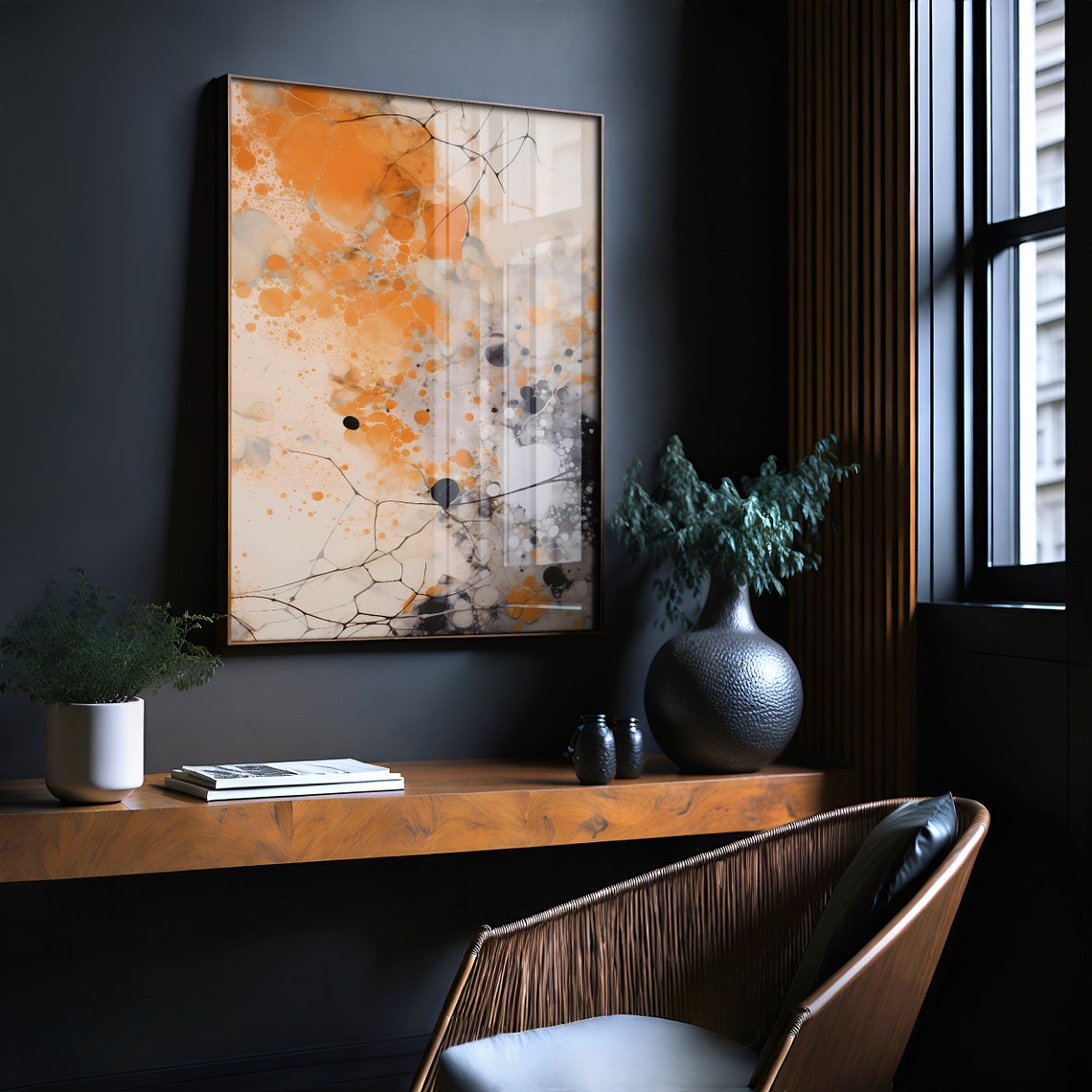 Jackson Pollock Style Orange Ink Splatter Cream Abstract Art Poster - Image 2