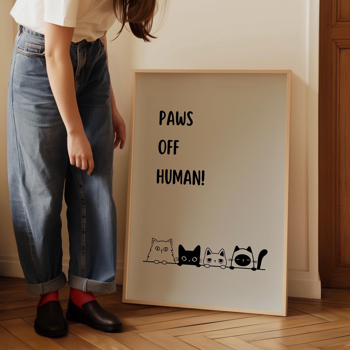 Paws Off Human Four Peeking Cats Funny Cartoon Quote Art Poster - Image 5