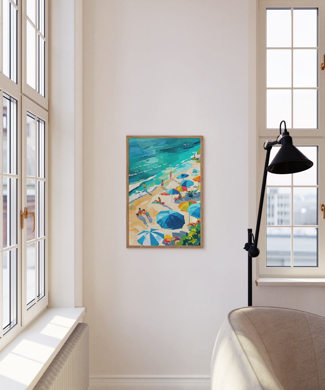 Aerial Summer Beach Scene Colorful Umbrellas Swimmers Poster - Image 4