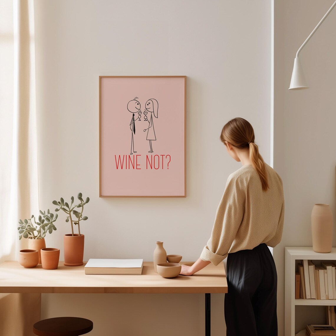 Wine Not Adorable Stick Figure Couple Toasting on Pink Poster - Image 2