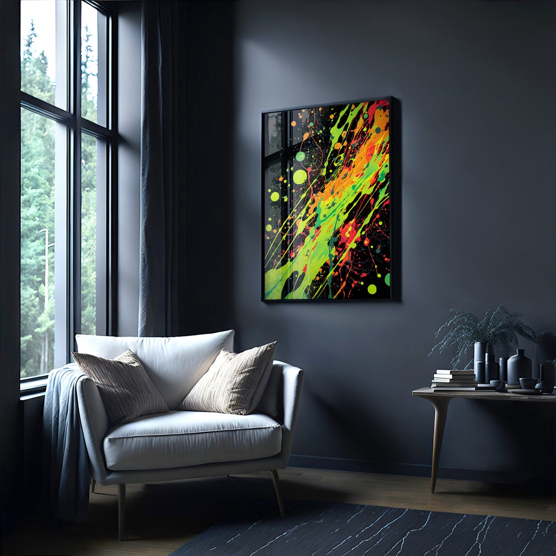 Jackson Pollock Style Neon Green Black Splatter Paint Art Poster - Image 4