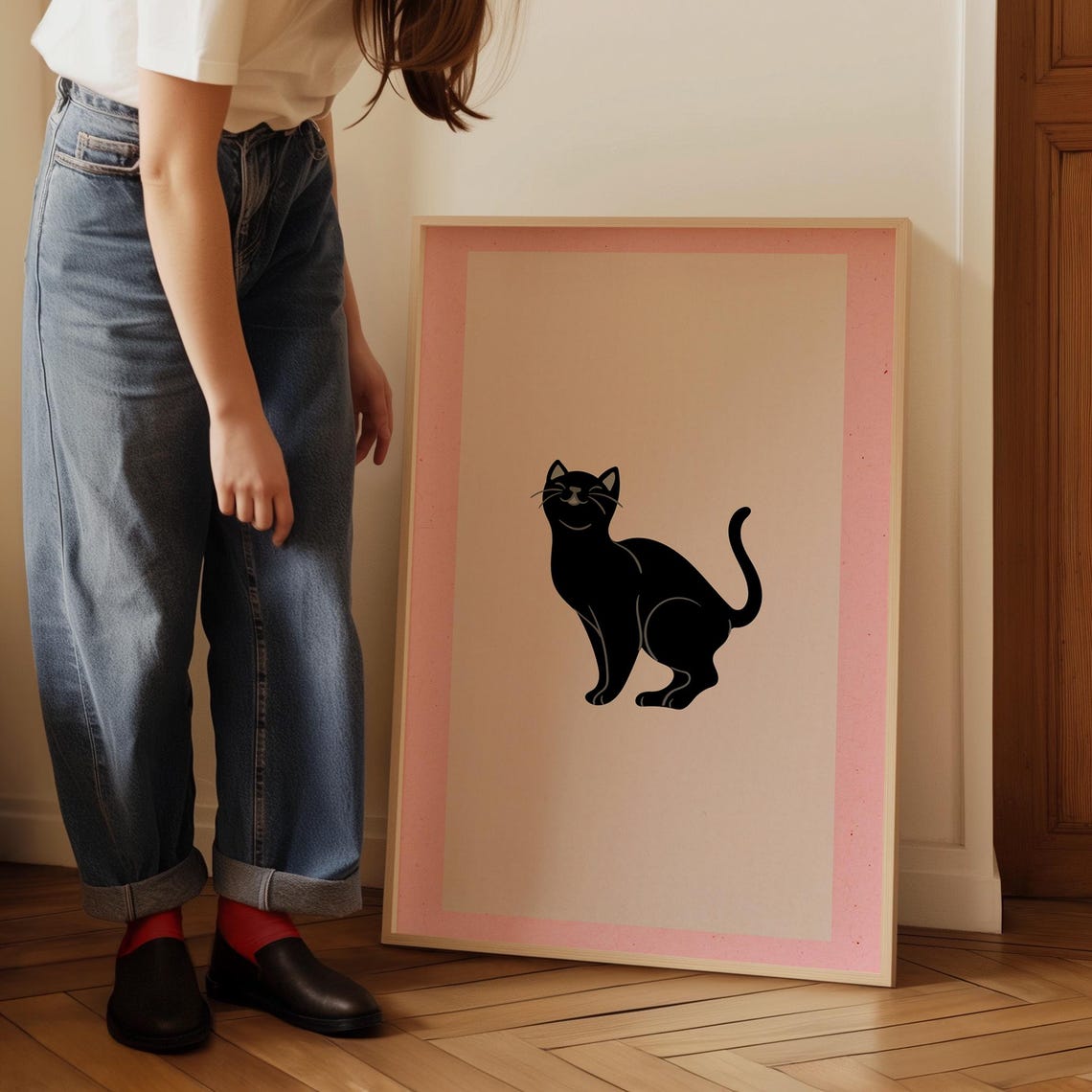 Minimalist Black Cat Silhouette Pink Line Art Cute Kitty Poster - Image 3