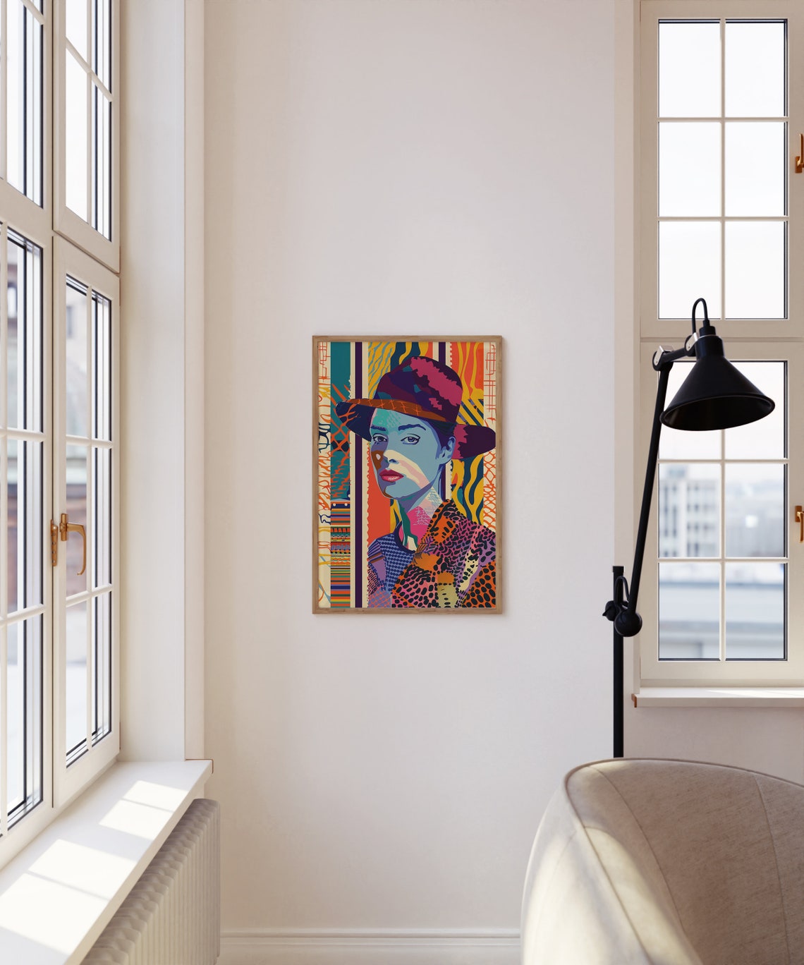 Pop Art Woman in Red Hat Cobalt Blue Portrait Leopard Pattern Poster - Image 3