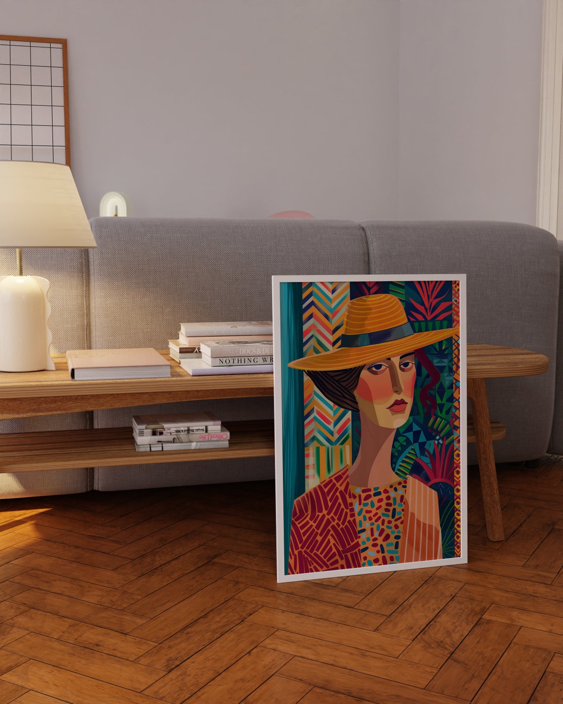Woman in Straw Hat Geometric Modern Portrait Pattern Art Poster - Image 4