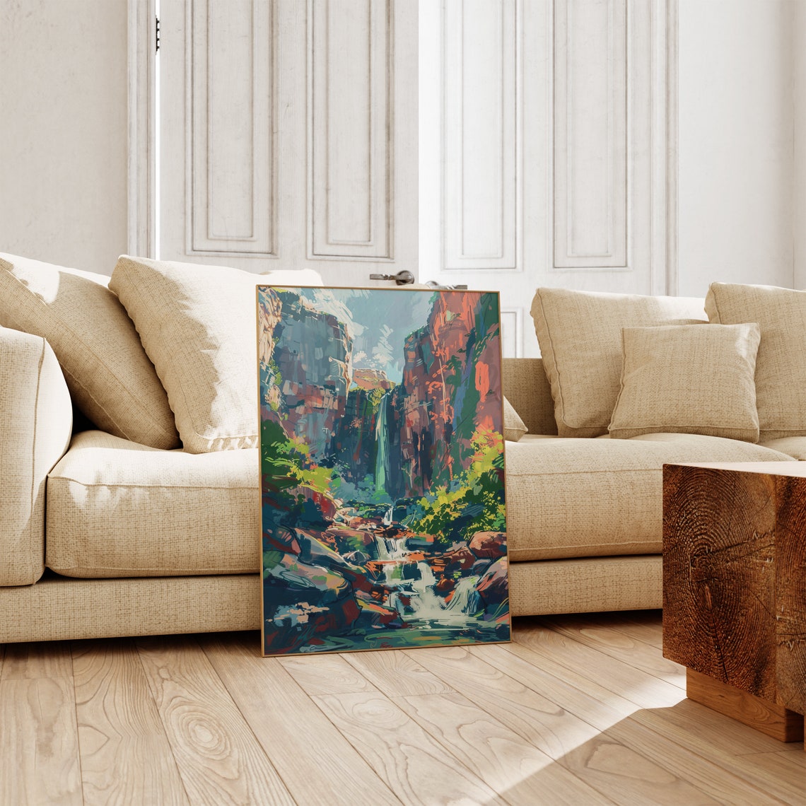 Red Rock Canyon Waterfall Lush Green Cliffs Landscape Poster - Image 2