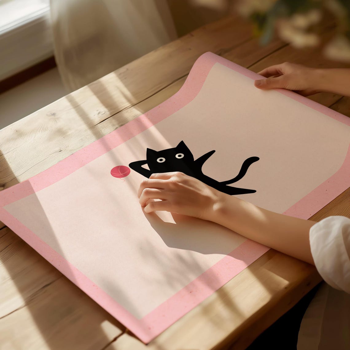 Minimalist Black Cat with Red Yarn Ball on Pink Border Art Poster - Image 3