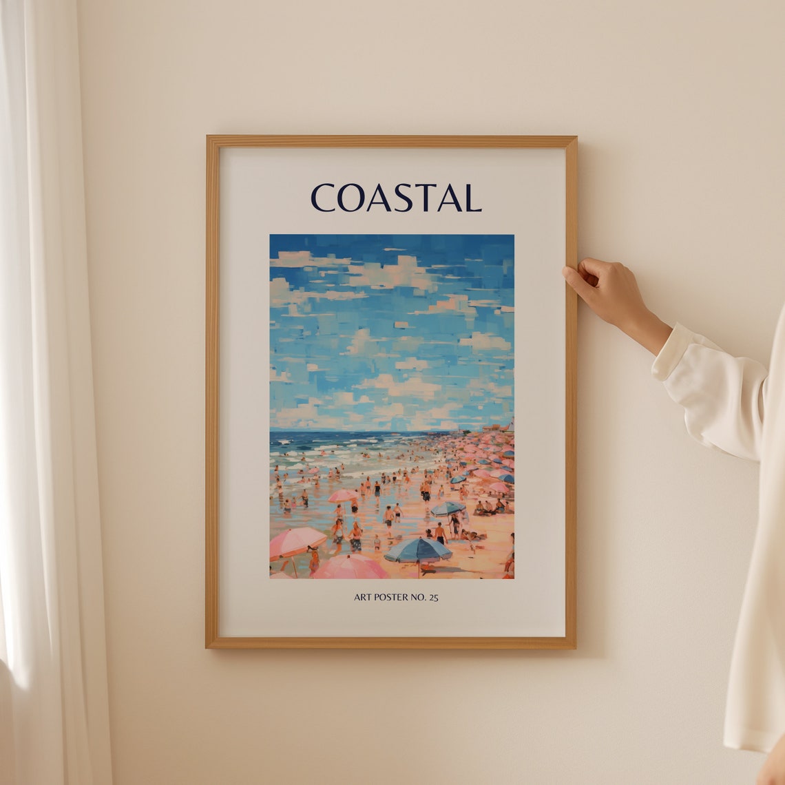 Coastal Deep Blue Sky Crowded Beach Umbrellas Art Poster No. 25