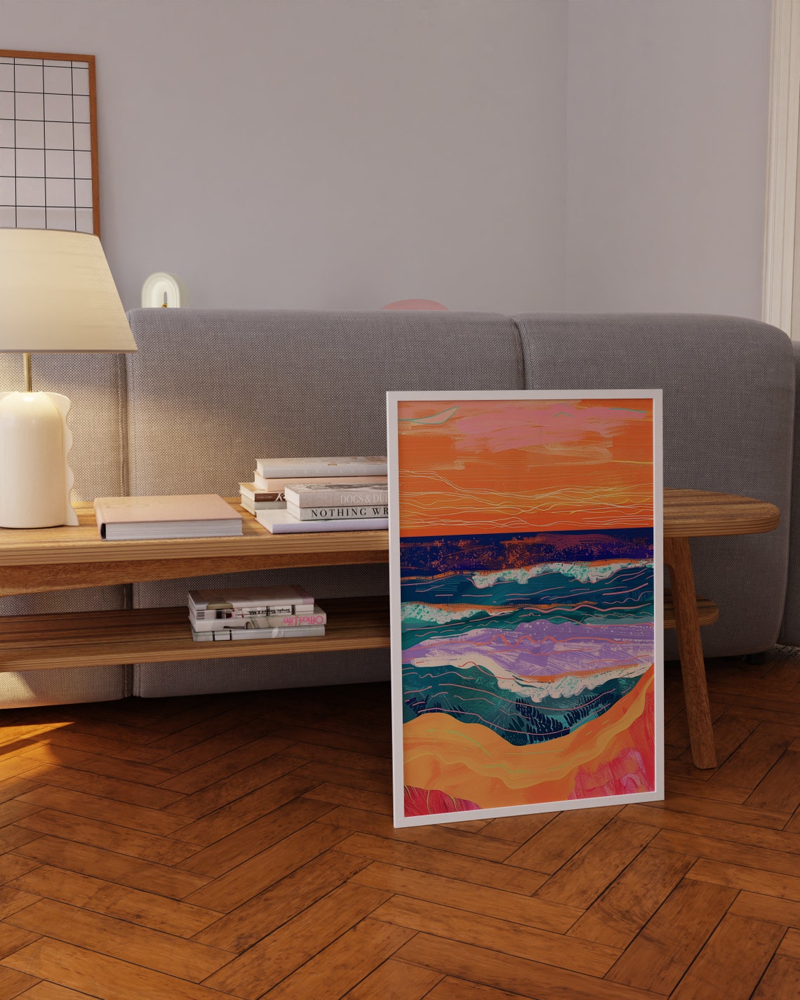 Abstract Orange Sunset Ocean Waves Minimal Line Art Color Poster - Image 4