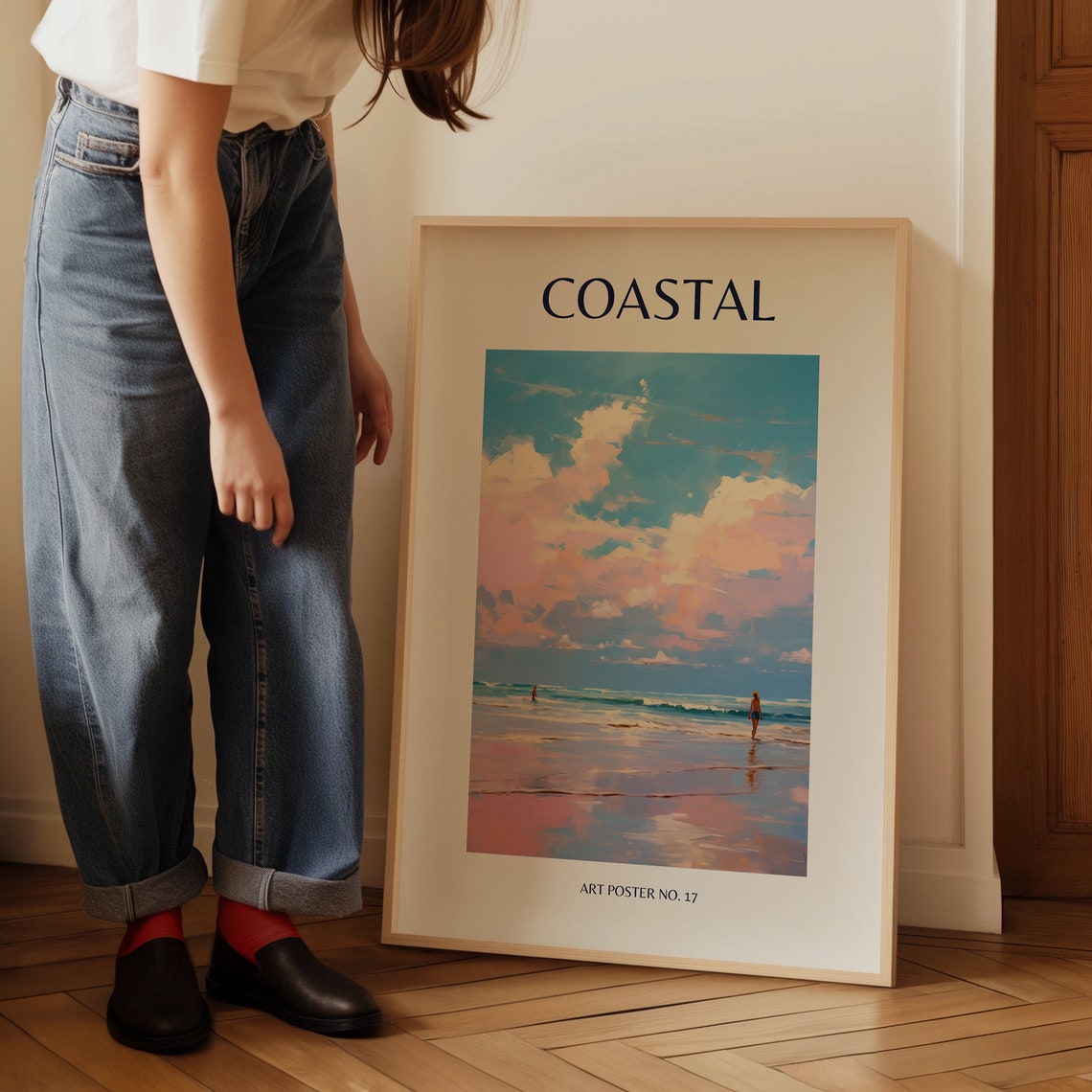 Coastal Pink Sunset Clouds Surfer Beach Scene Art Poster No. 17 - Image 3