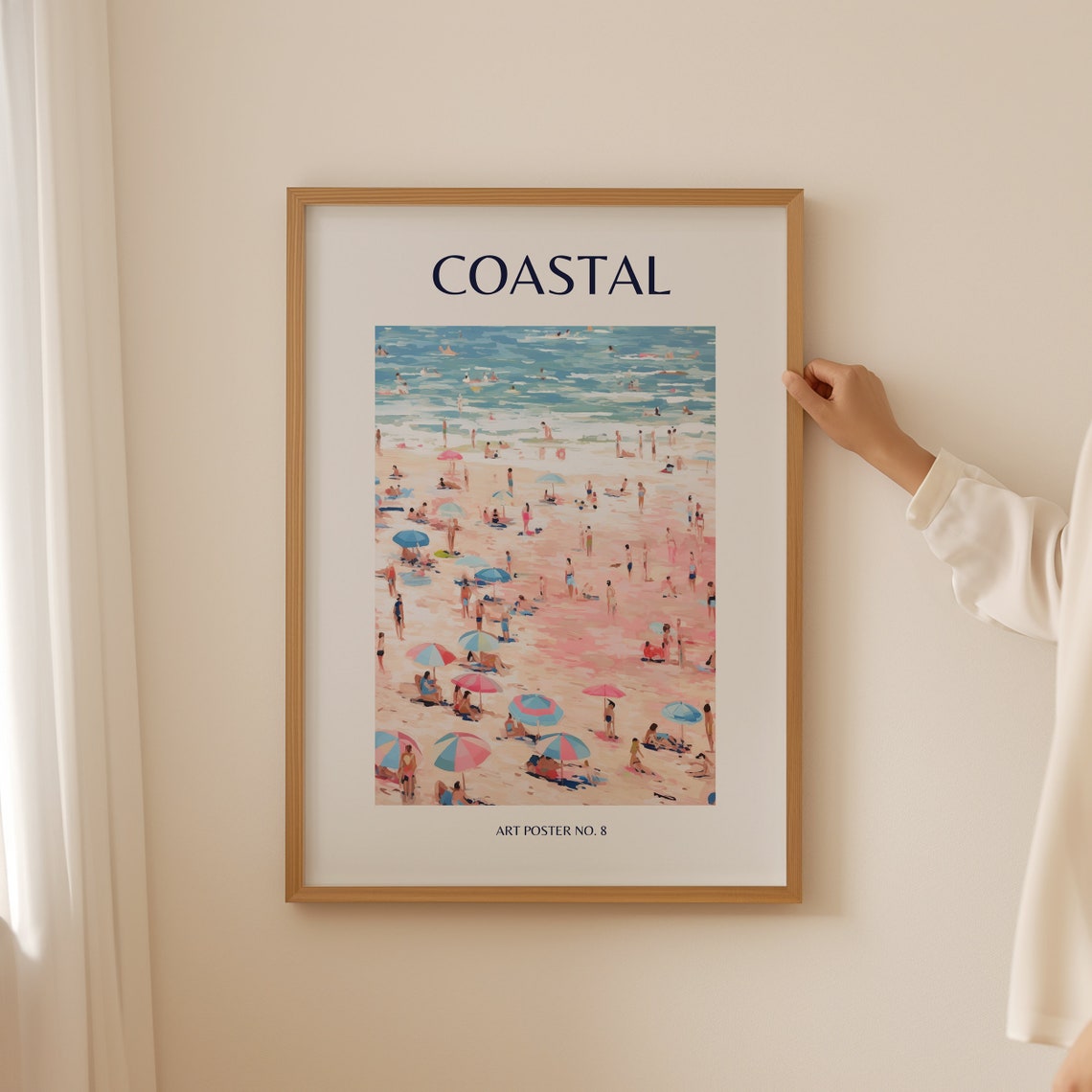 Coastal Busy Beach Pink Blue Umbrellas Scene Art Poster No. 8