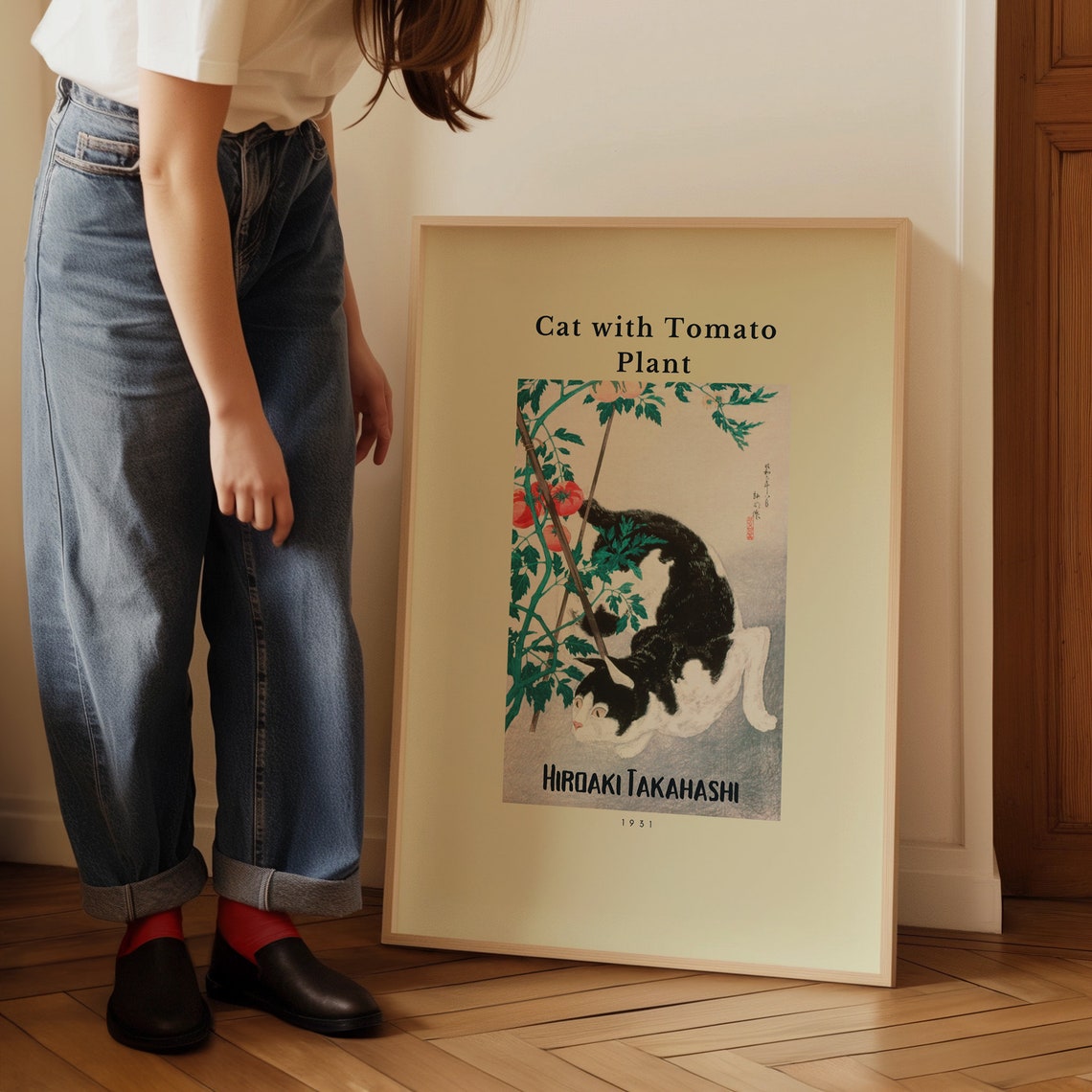 Hiroaki Takahashi Cat with Tomato Plant 1931 Woodblock Poster - Image 4