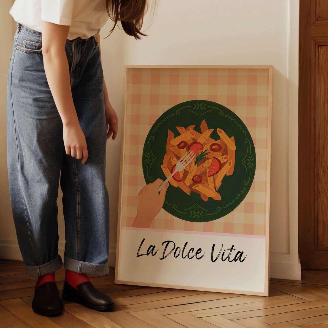 La Dolce Vita Penne Pasta Tomato Gingham Italian Kitchen Art Poster - Image 4