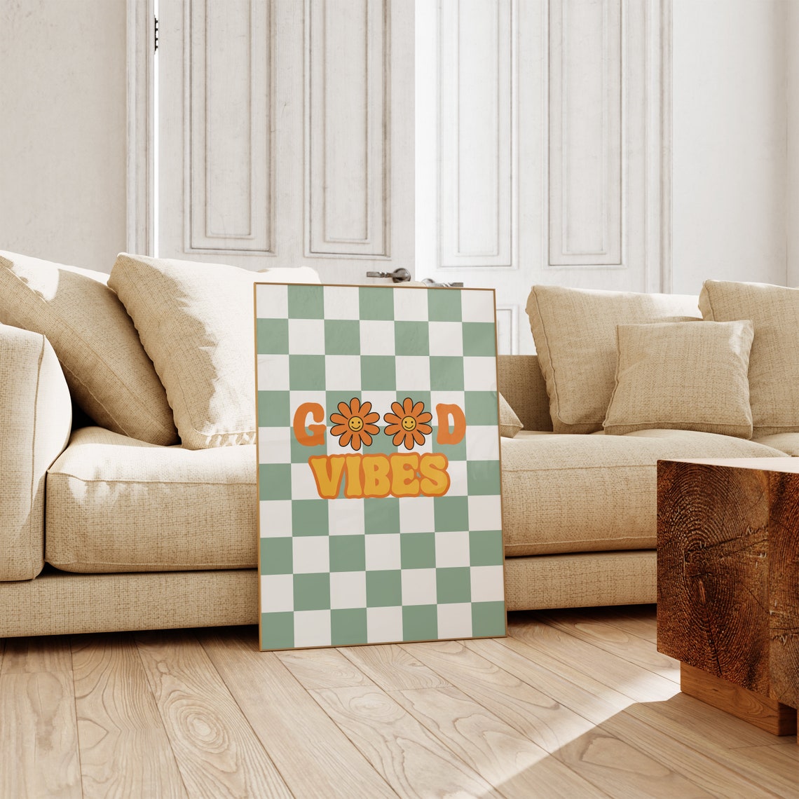 Good Vibes Green Checkerboard Flower Smiley Retro Quote Poster - Image 2