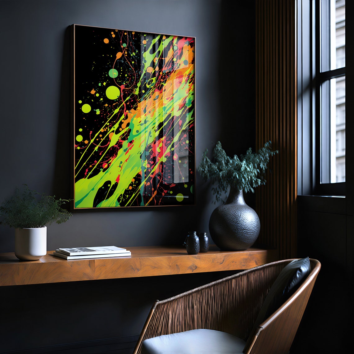 Jackson Pollock Style Neon Green Black Splatter Paint Art Poster - Image 2