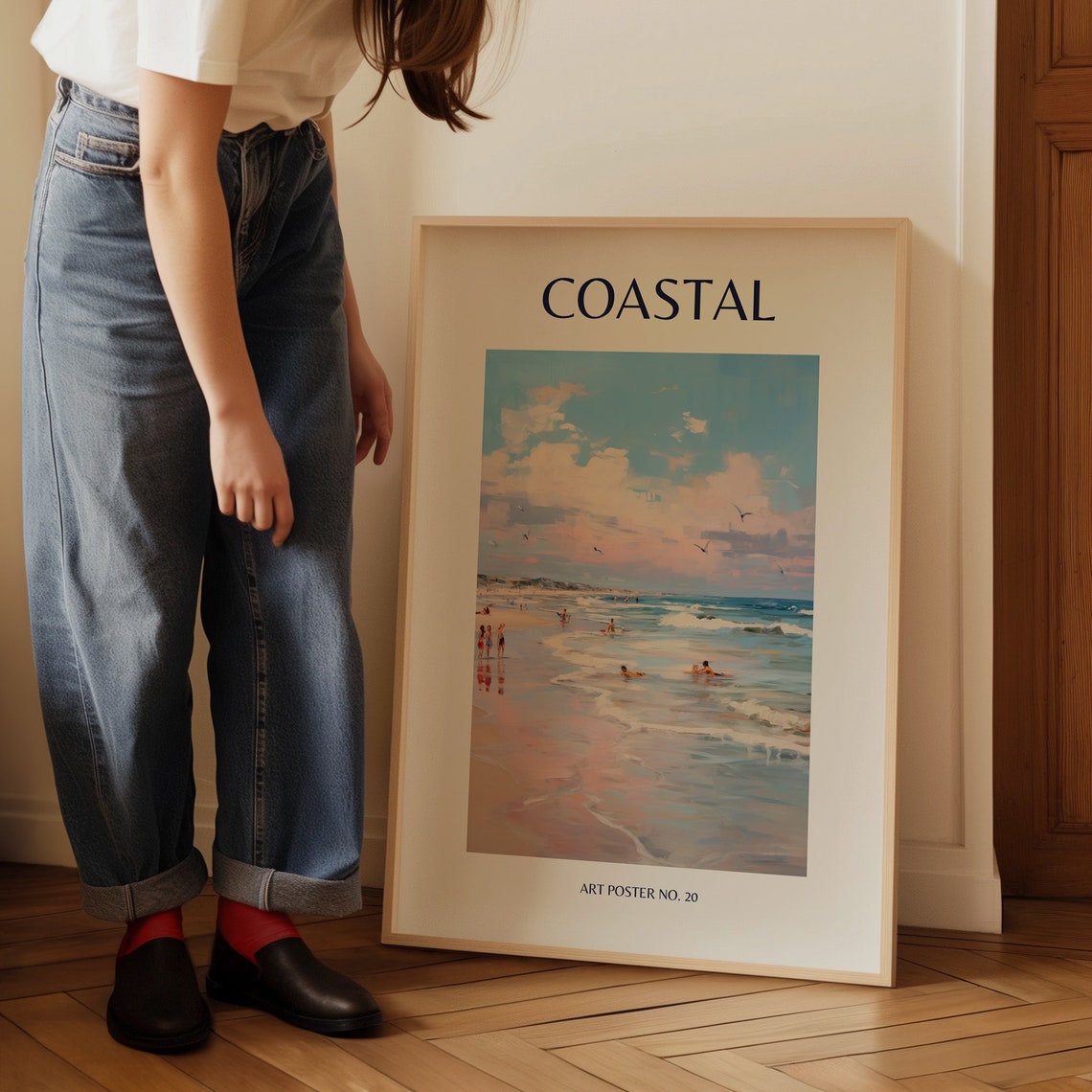 Coastal Sunset Pink Sky Seagulls Swimmers Evening Art Poster No. 20 - Image 3