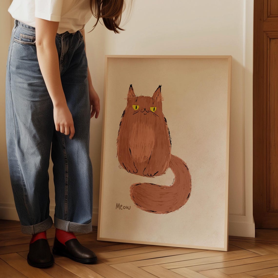 Fluffy Ginger Cat With Yellow Eyes Meow Beige Nursery Art Print - Image 5