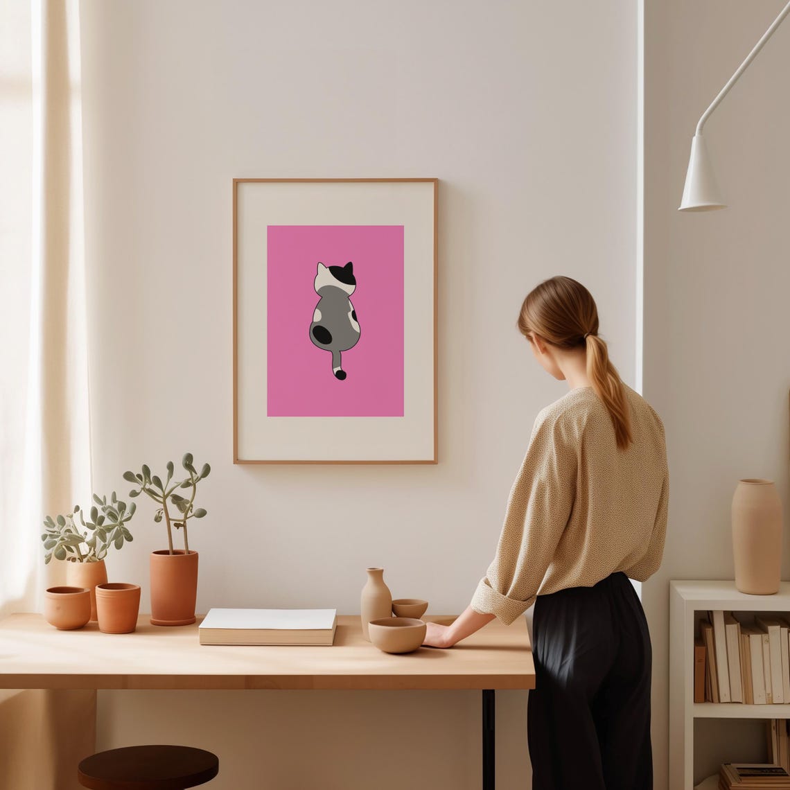 Grey Spotted Cat Back View on Bright Pink Minimalist Art Poster - Image 2