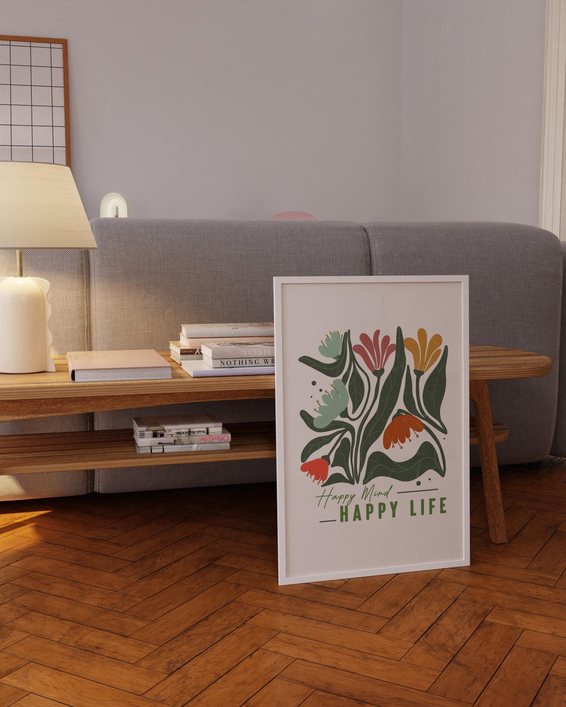Happy Mind Happy Life Colorful Botanical Quote Typography Poster - Image 4