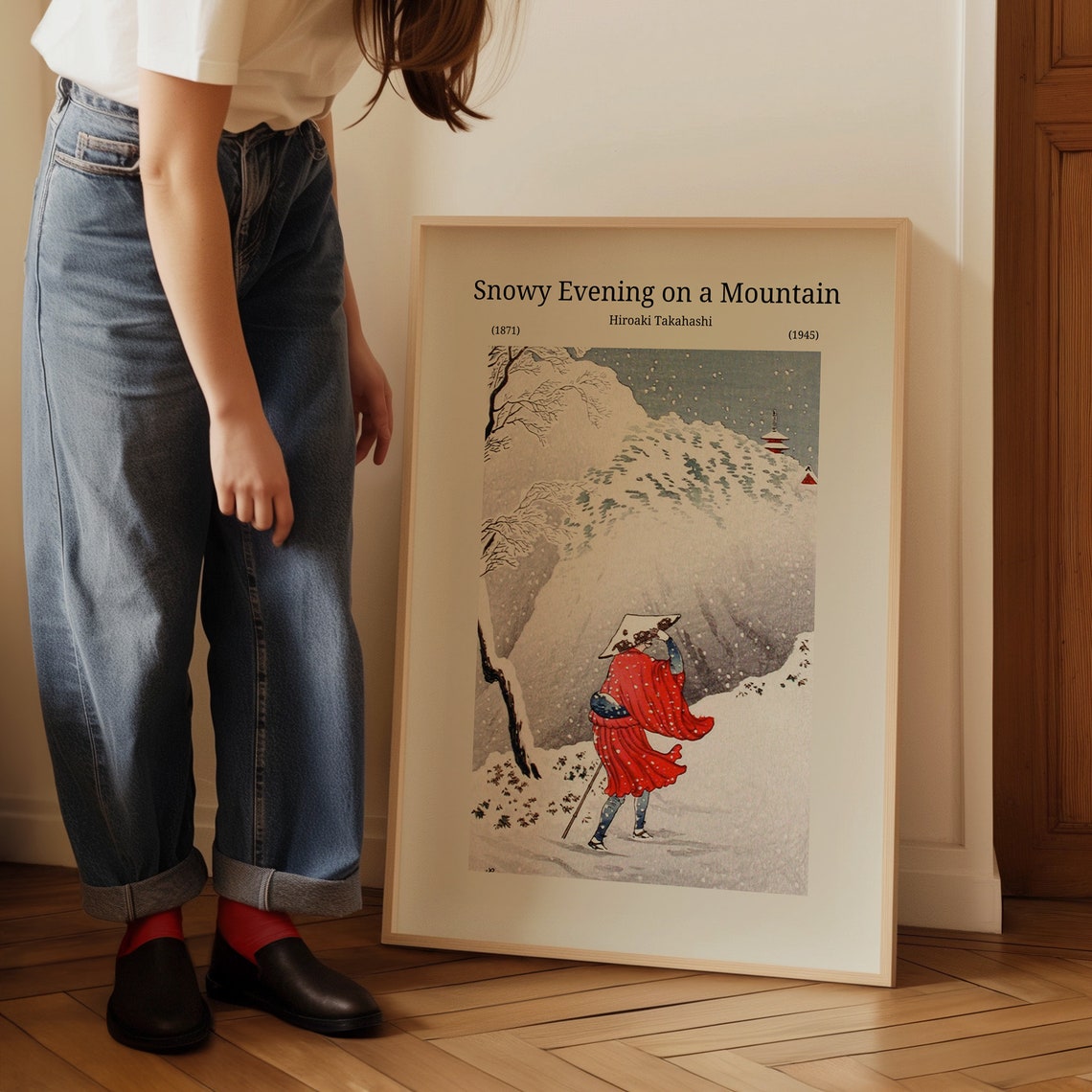 Hiroaki Takahashi Snowy Evening Mountain Red Cloak Woodblock Poster - Image 3