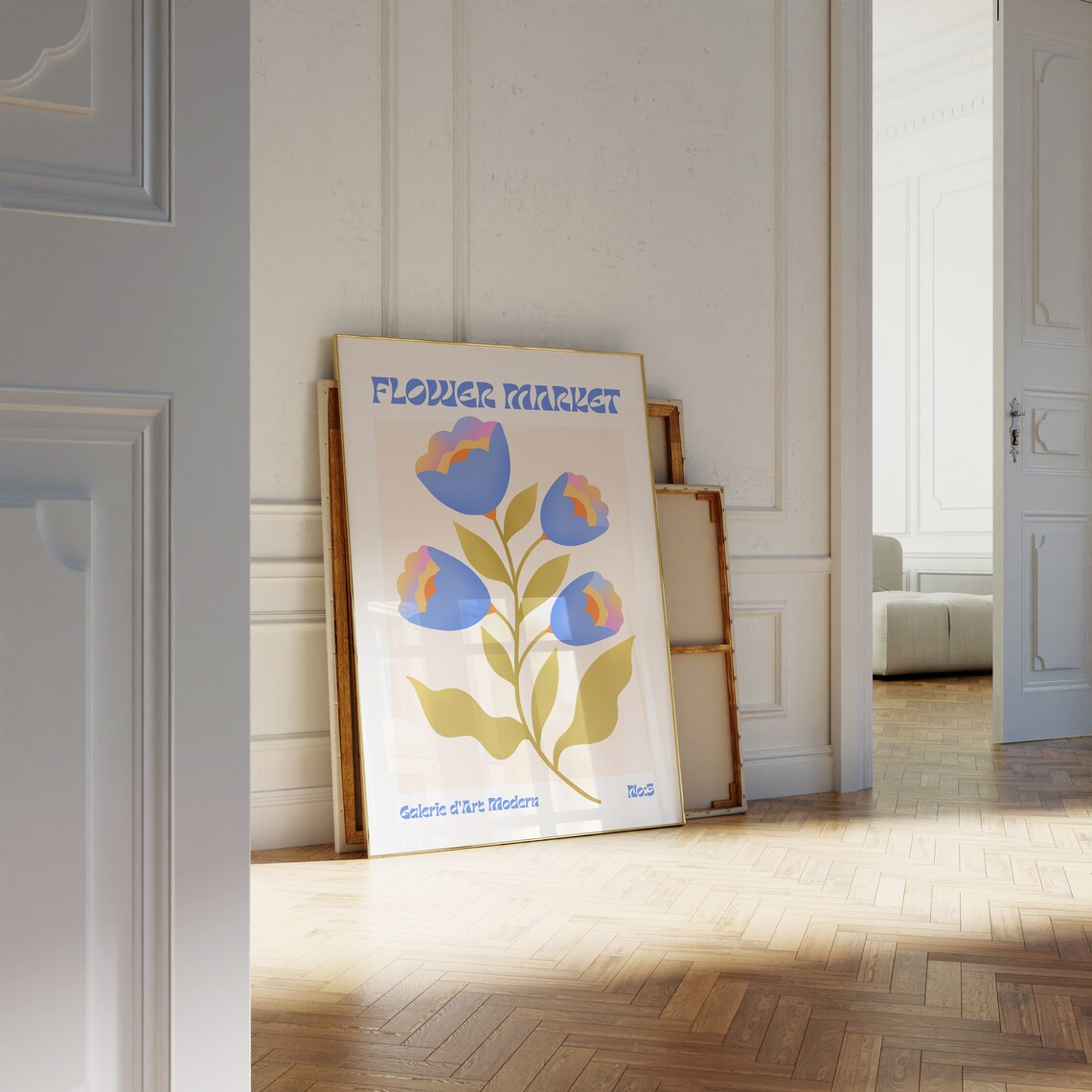 Flower Market Blue Poppy Bloom Gold Leaves Groovy Modern Art Poster - Image 2