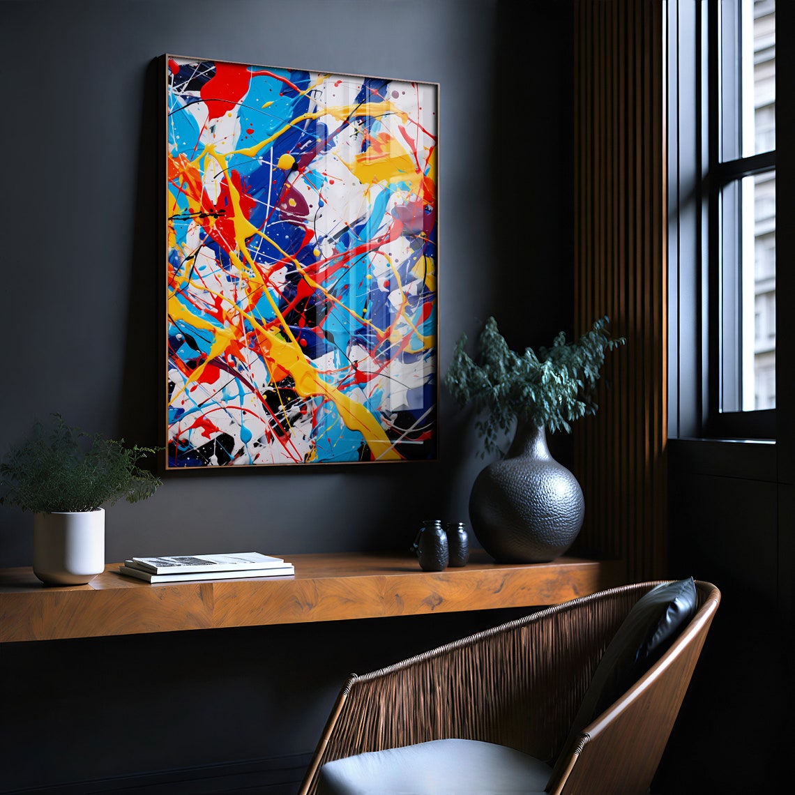 Jackson Pollock Style Drip Painting Blue Red Yellow Abstract Poster - Image 2