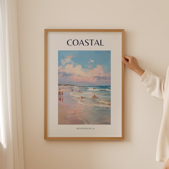 Coastal Sunset Pink Sky Seagulls Swimmers Evening Art Poster No. 20