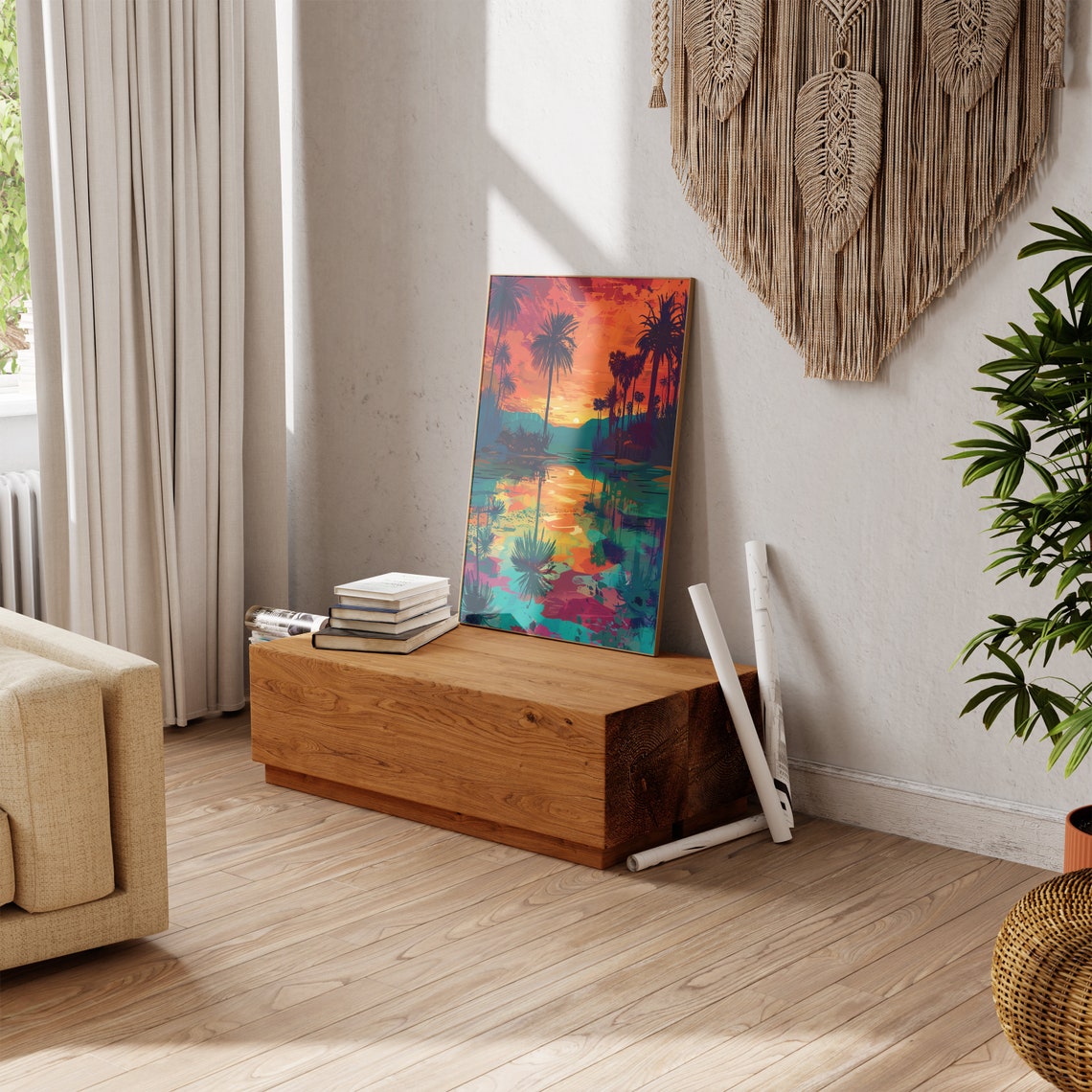 Palm Tree Oasis Sunset Reflected in Water Pop Art Style Poster - Image 4