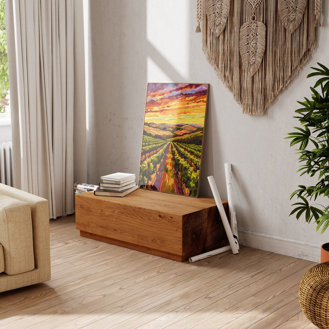 Vineyard Valley Golden Rows Red Orange Sunset Landscape Poster - Image 5