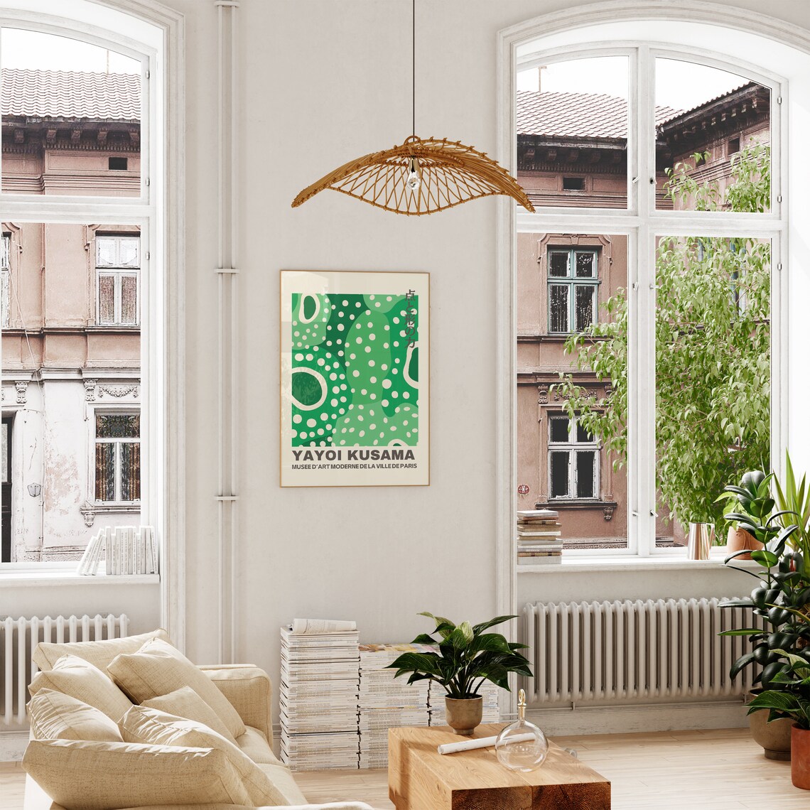 Yayoi Kusama Green White Polka Dots Paris Museum Scene Art Poster - Image 3