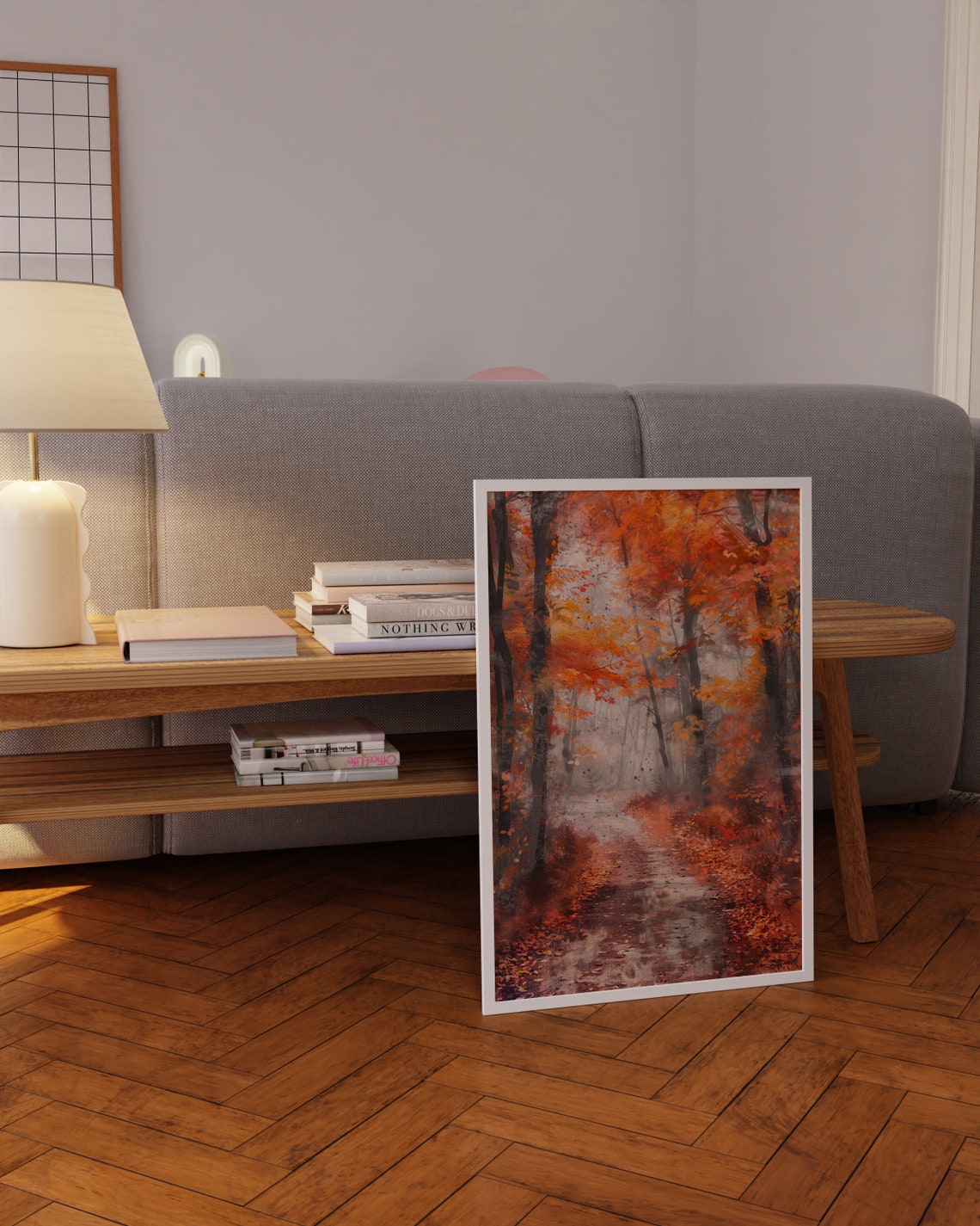 Misty Autumn Path Tall Trees Red Foliage Fall Watercolor Poster - Image 3