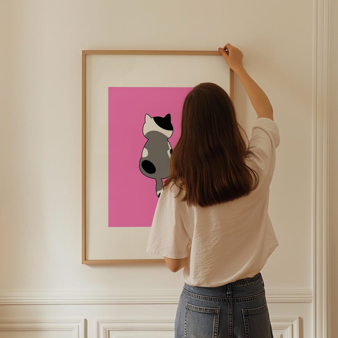Grey Spotted Cat Back View on Bright Pink Minimalist Art Poster - Image 3