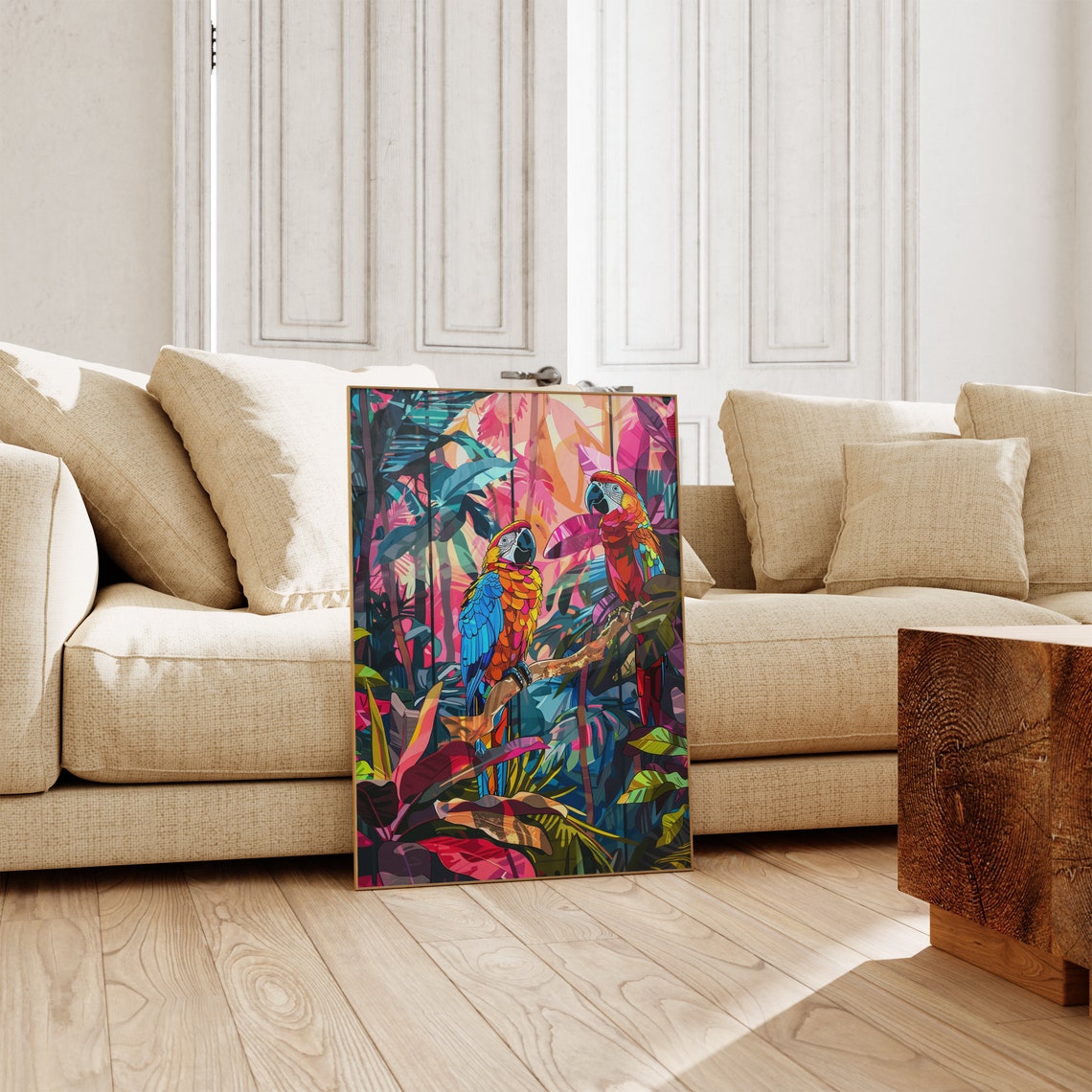 Two Colorful Macaw Parrots in Pink Tropical Foliage Art Poster - Image 2