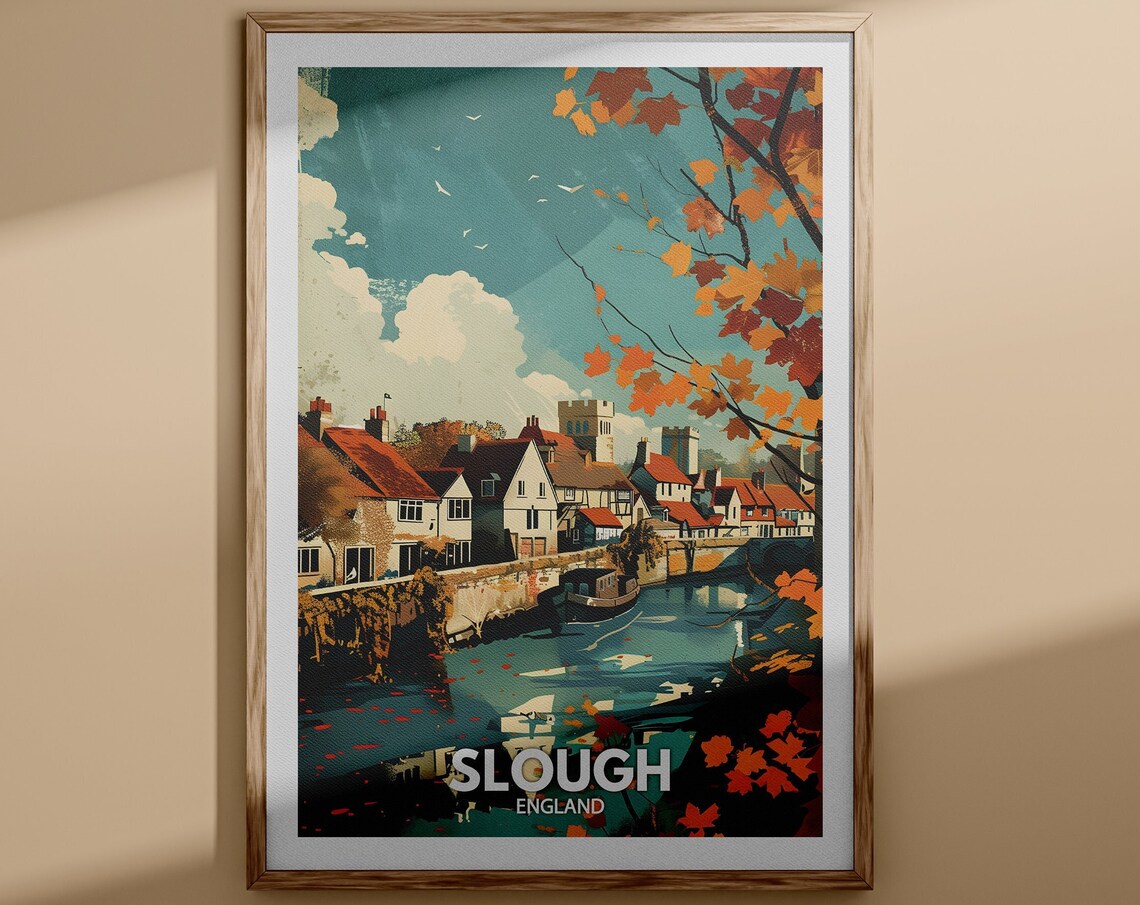 Slough Autumn Riverside Cottages Berkshire Village England Poster