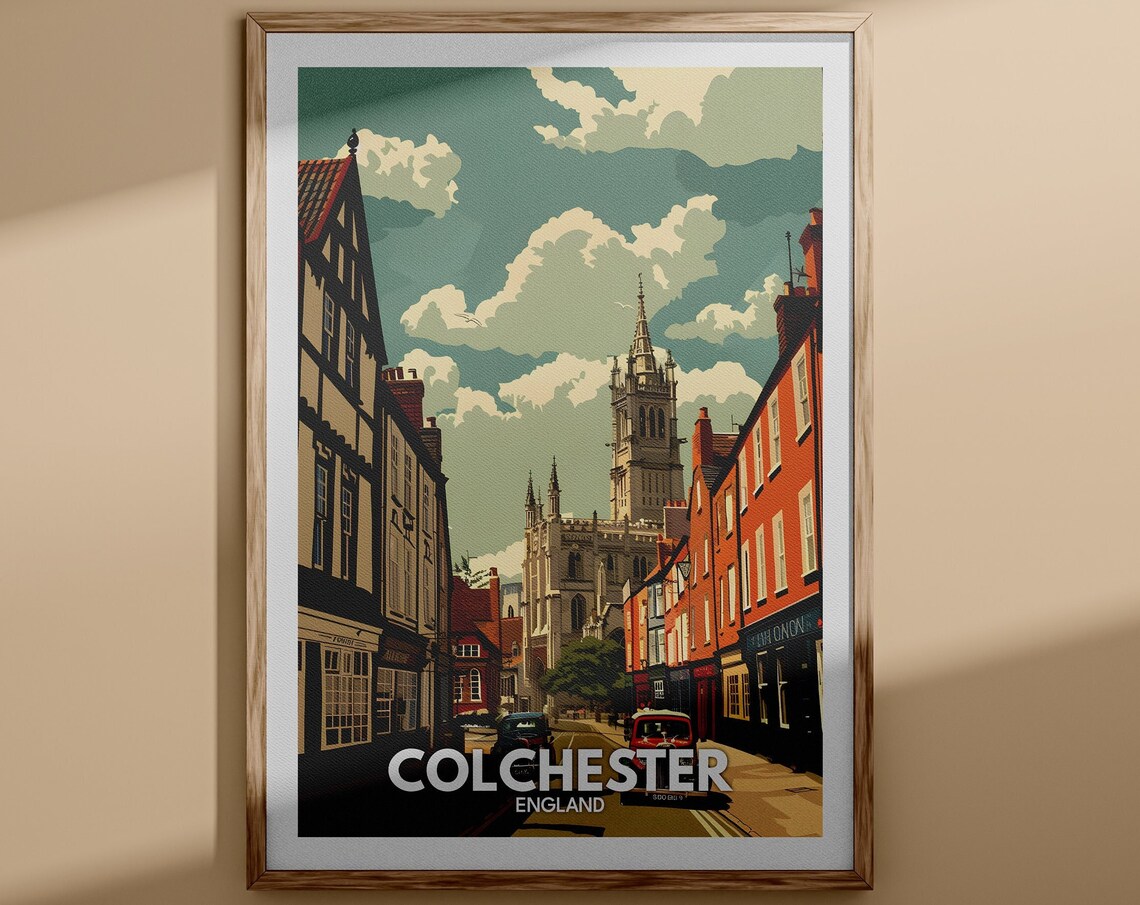 Colchester England Historic Street Church Spire Vintage Travel Poster