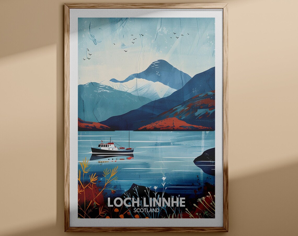 Loch Linnhe Scotland Seashore Boat Snowy Peaks Peaceful Travel Poster