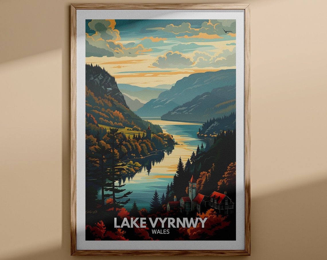 Lake Vyrnwy Print Lake Vyrnwy Poster Wales Lake Travel Poster Lake Wall Art Decor United Kingdom Lake Art Wales Nature Poster