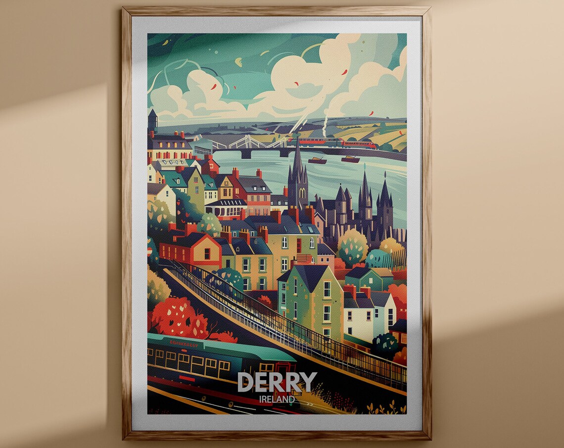 Derry Ireland River Bridge Cathedral Spire Historic Old City Poster