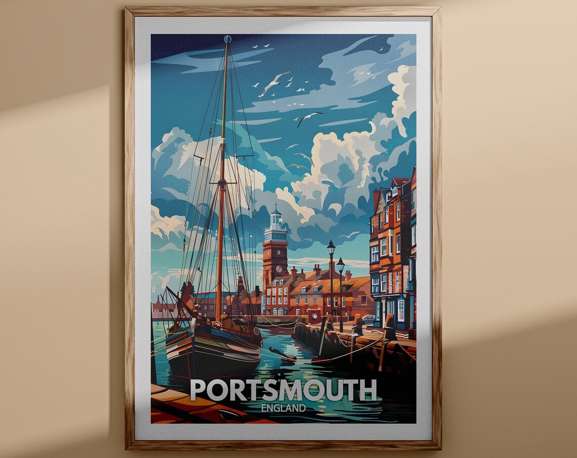 Portsmouth England Harbor Sailboat Coastal Town Travel Poster