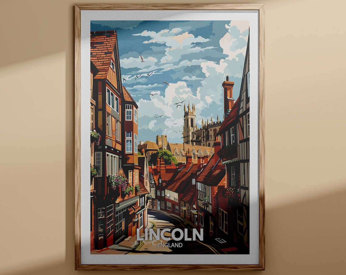 Lincoln England Travel Poster Cathedral Spire Steep Street Scene