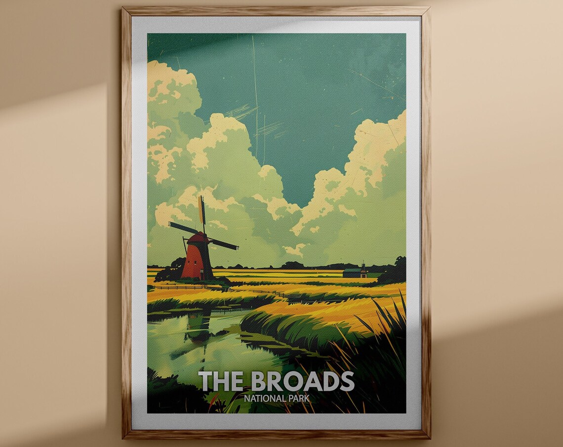 The Broads England National Park Vintage Windmill Marshlands Poster