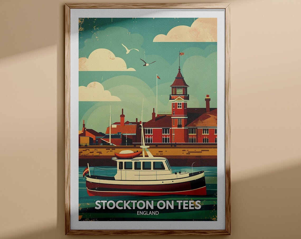 Stockton On Tees England Harbour Fishing Boat Sunset Vintage Poster