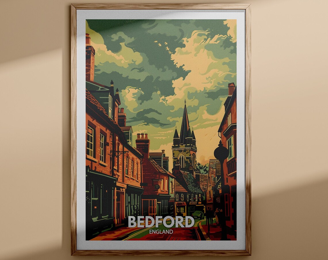 Bedford England Historic Town Church Spire Vintage Travel Poster