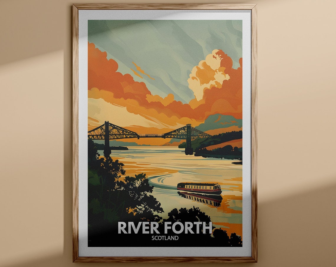 River Forth Scotland Bridge Sunset Boat Dramatic Clouds Travel Poster
