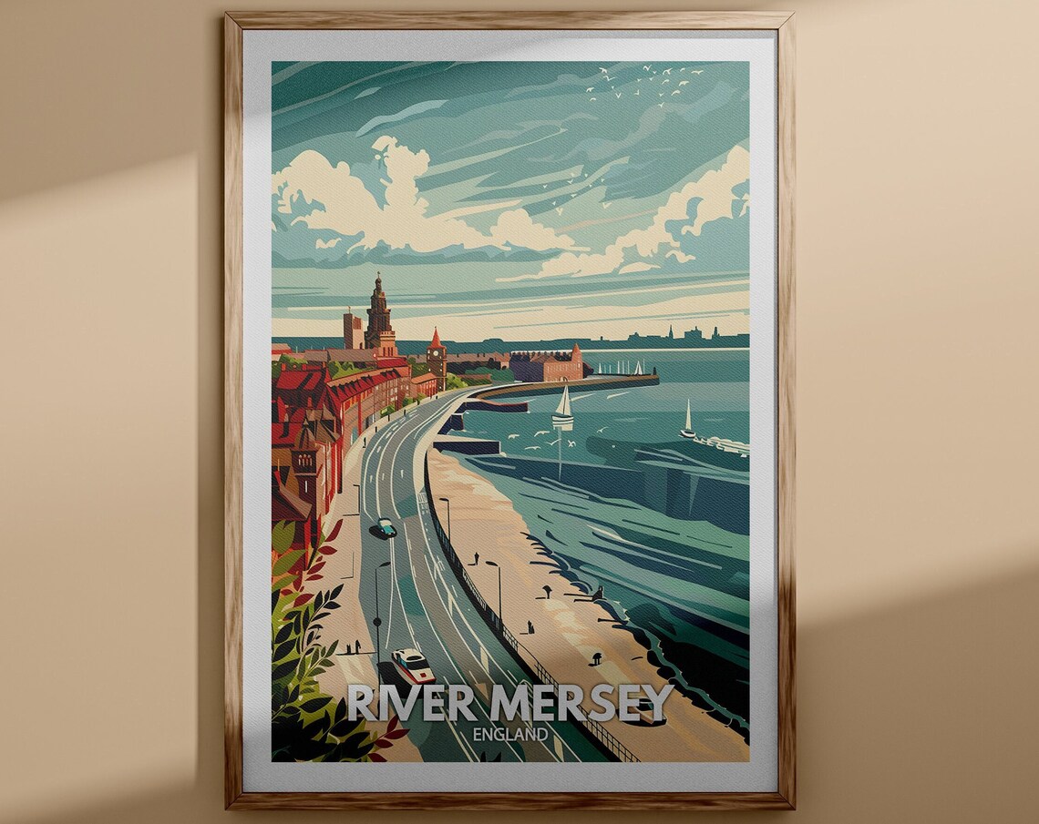 River Mersey England Vintage Waterfront Promenade Sailboats Poster