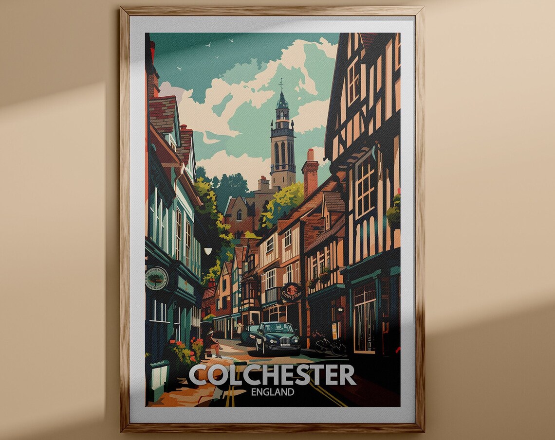 Colchester Tudor Shops Clock Tower Classic Car Street Poster