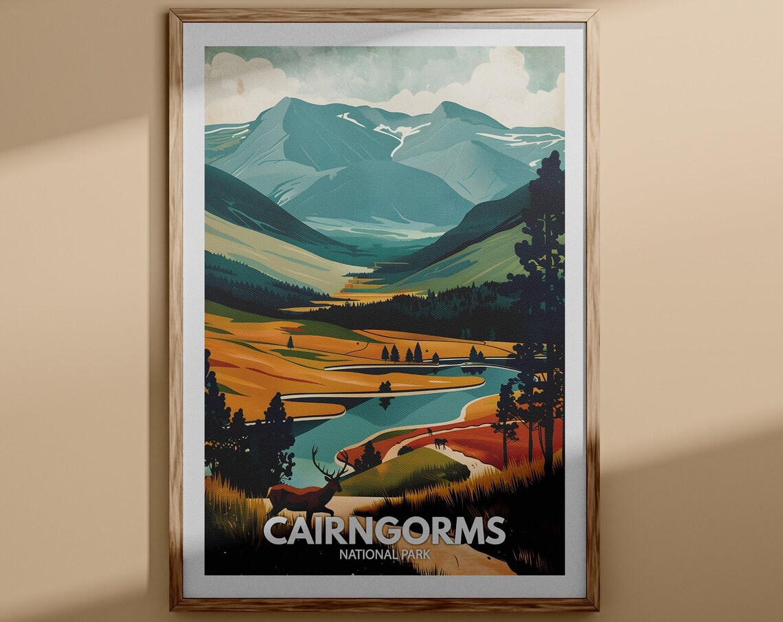 Cairngorms National Park Highland Stag Mountains Vintage Travel Poster