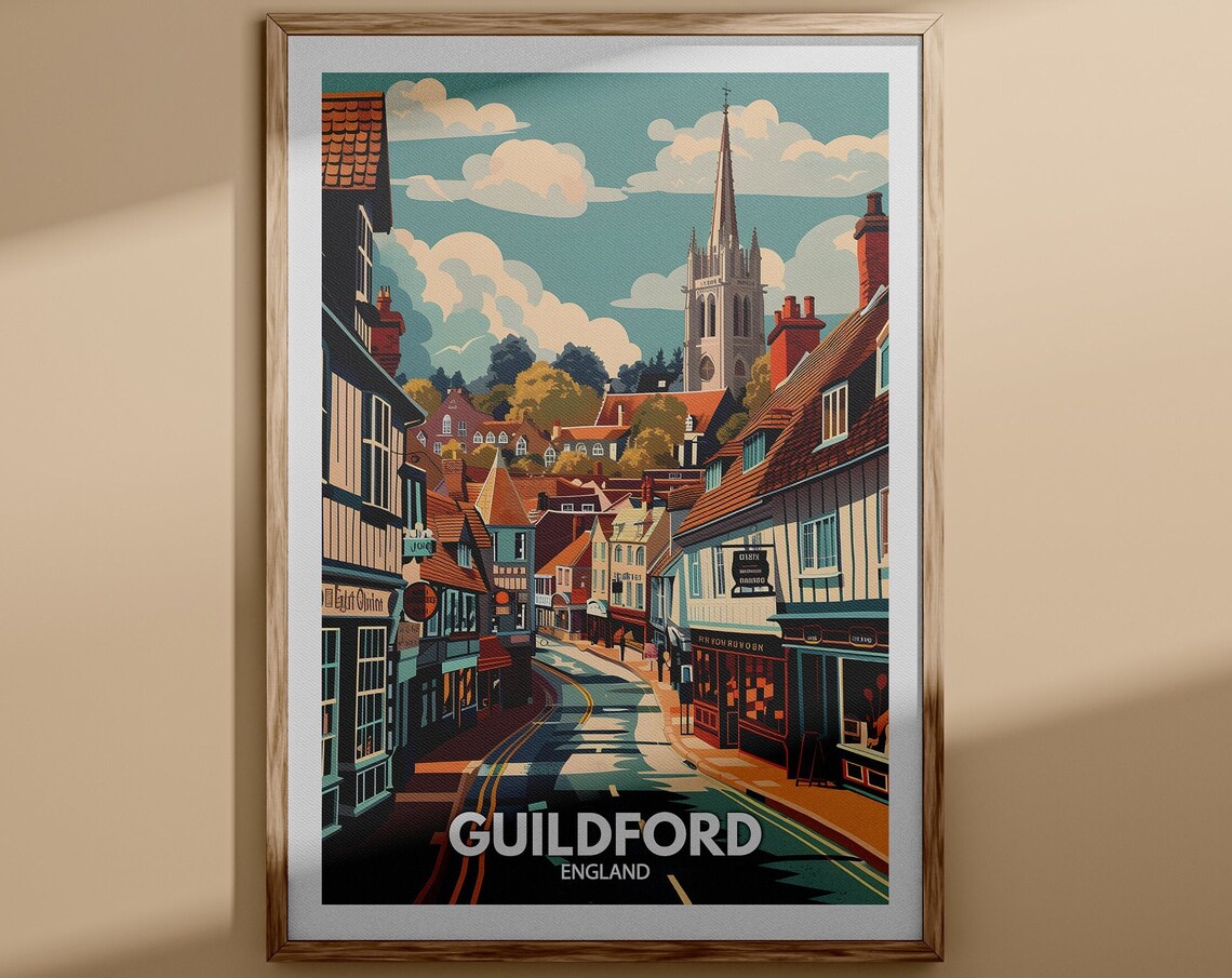 Guildford England Historic High Street Church Vintage Travel Poster