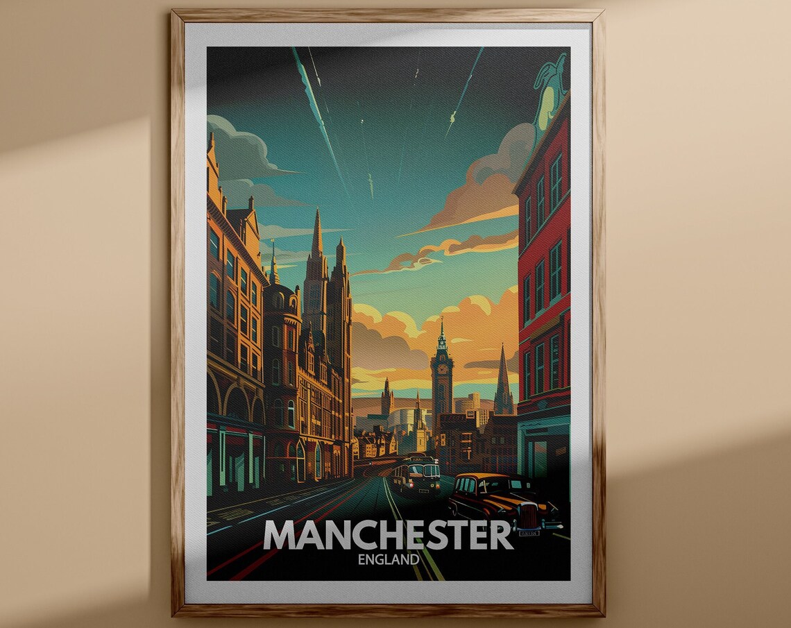 Manchester England Twilight Cityscape Clock Tower Tram Travel Poster