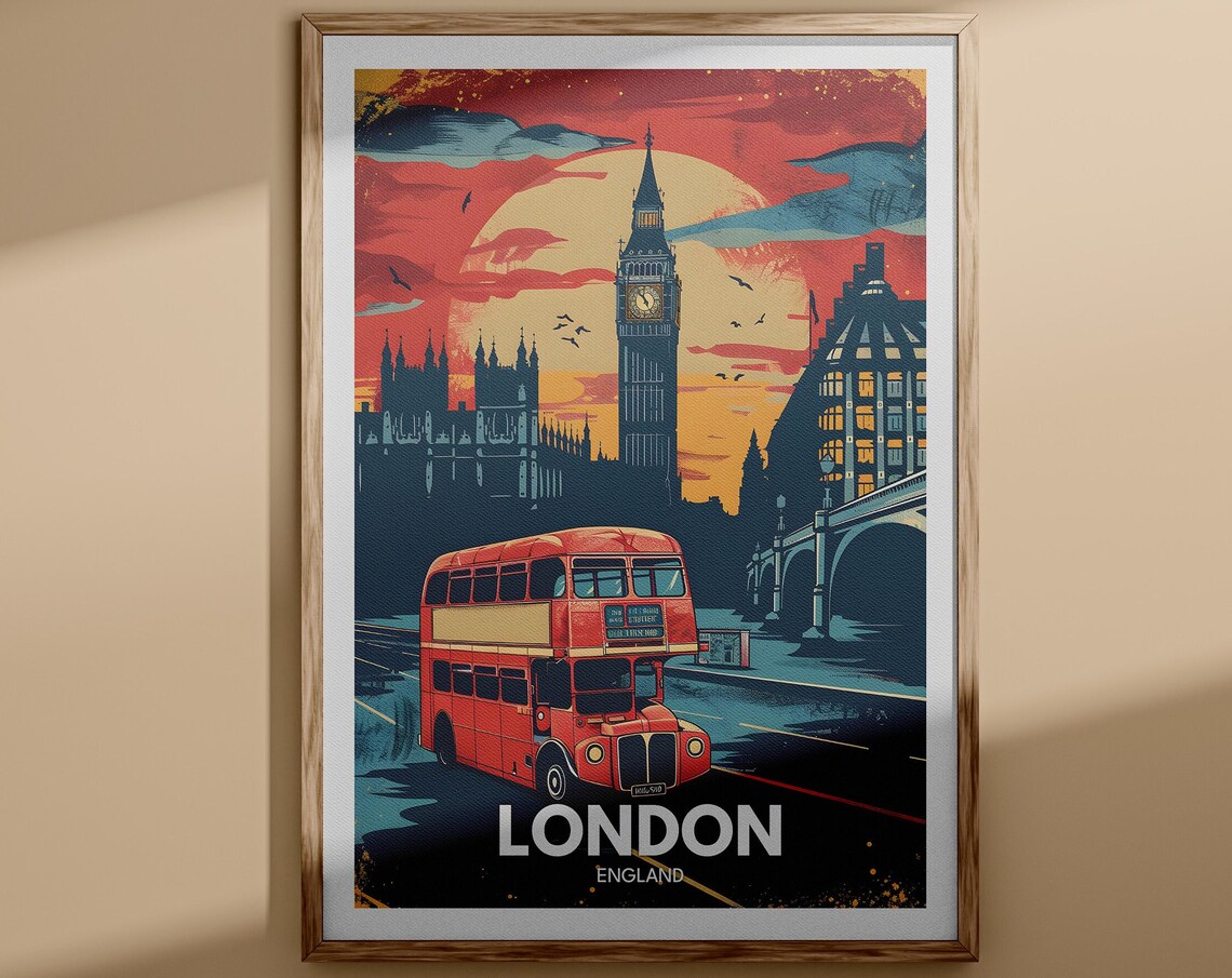 London England Travel Poster Red Bus Big Ben Sunset City Night