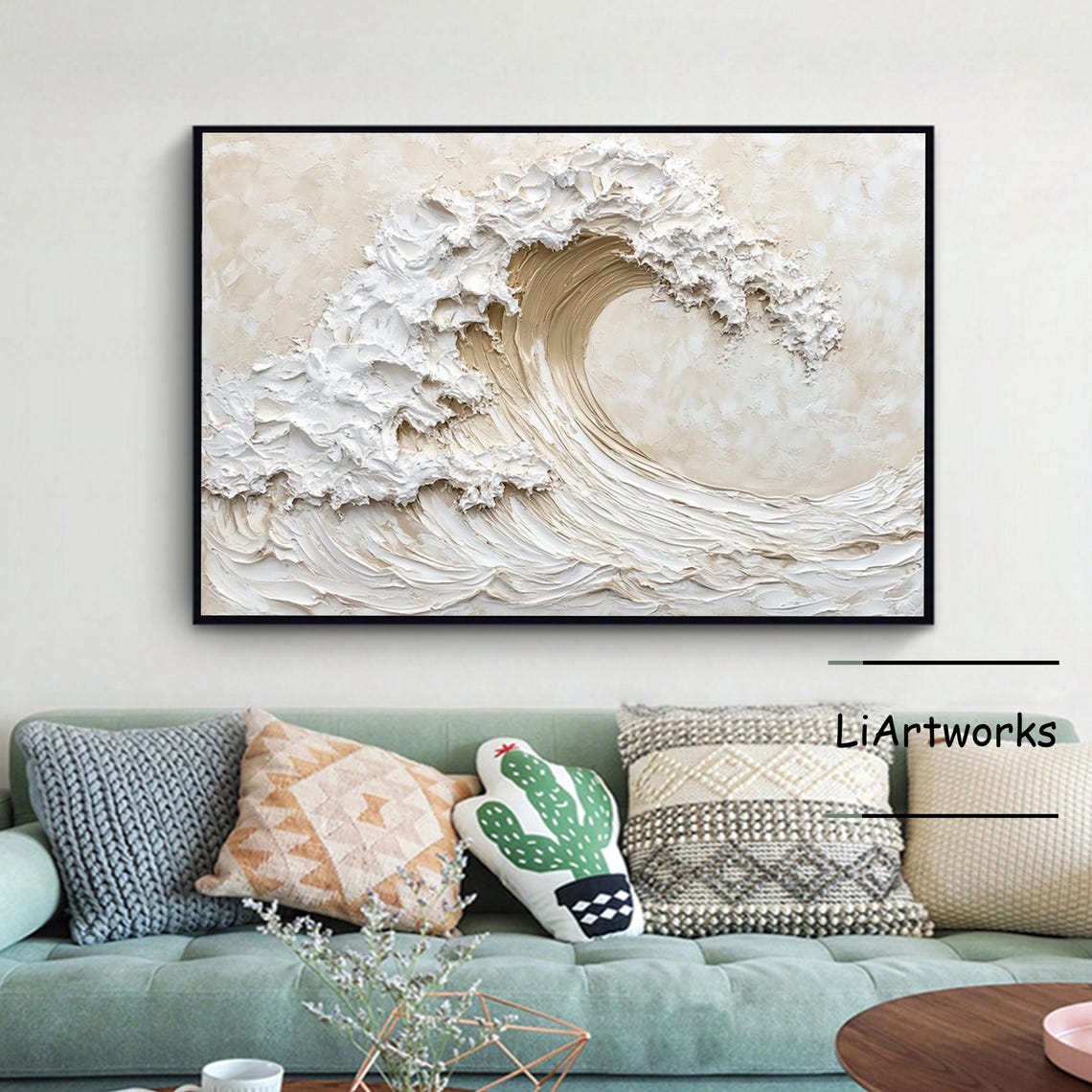 White and Gold Ocean Wave Curl Swirl in Thick Textured Paint Poster - Image 4